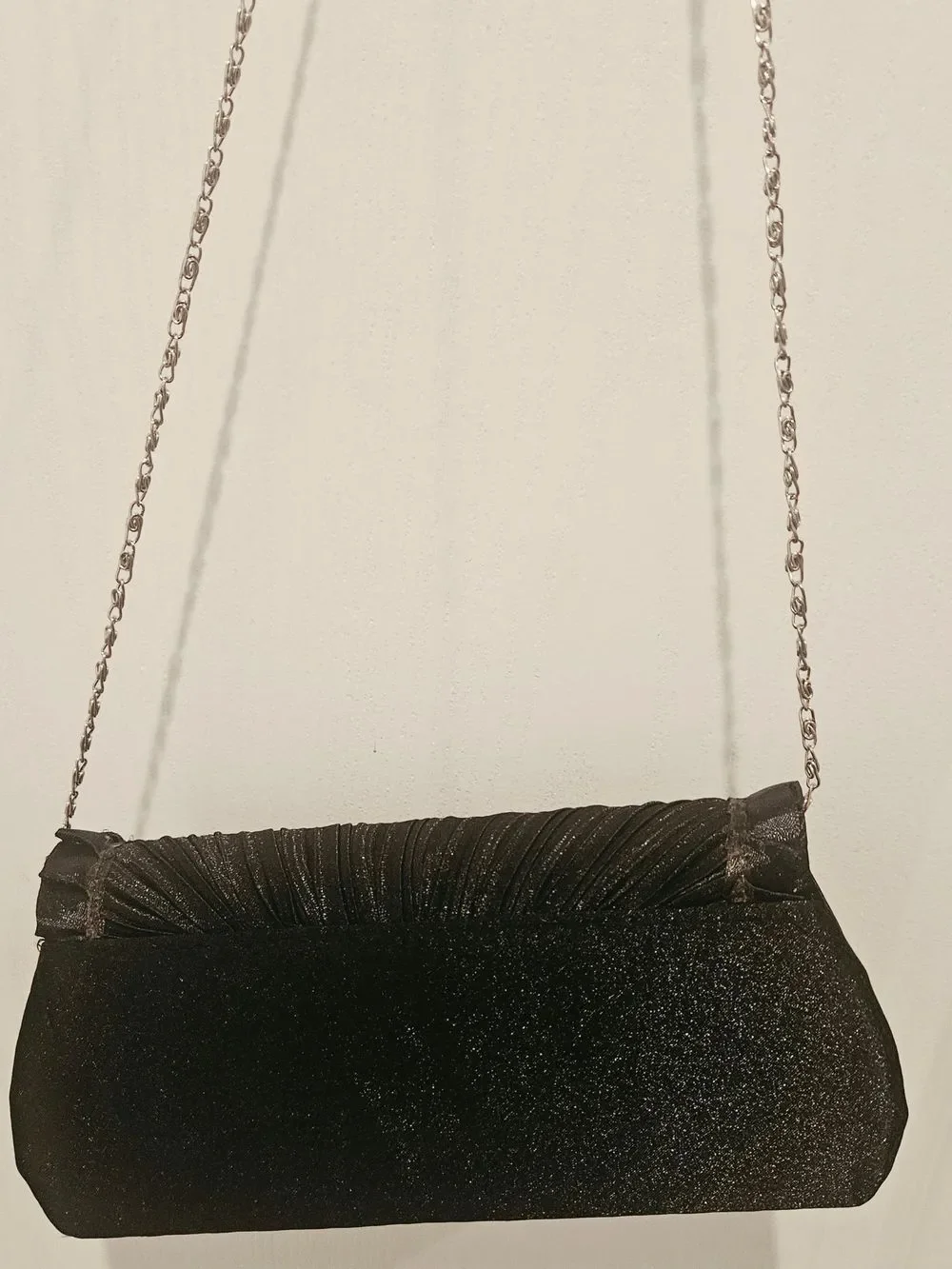 Satin Pleated Black Evening Wristlet with Chain Strap